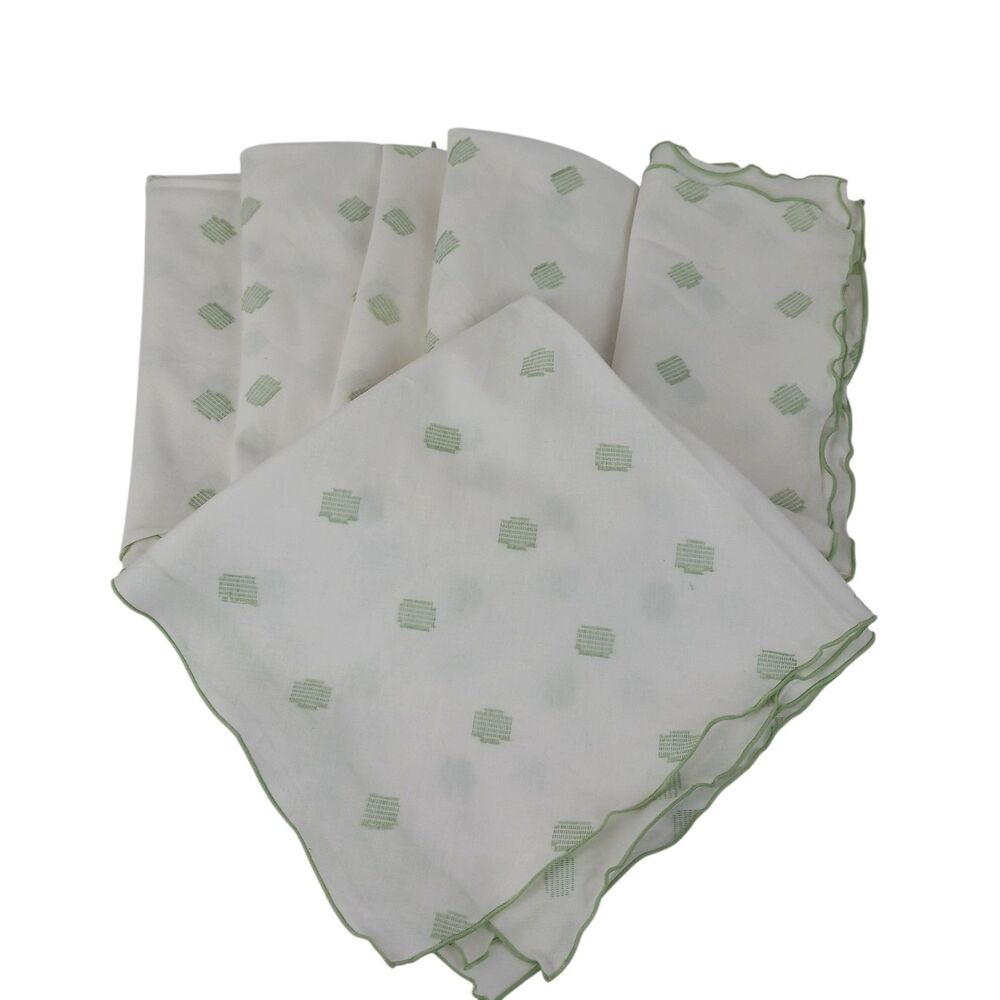 Set Of 6 White Mint Green Linen Embroidered Napkins